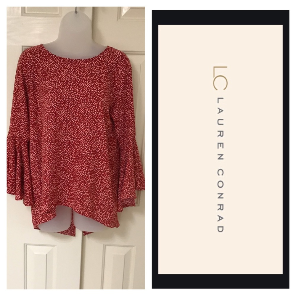Lauren Conrad red print  bell sleeve high/low top